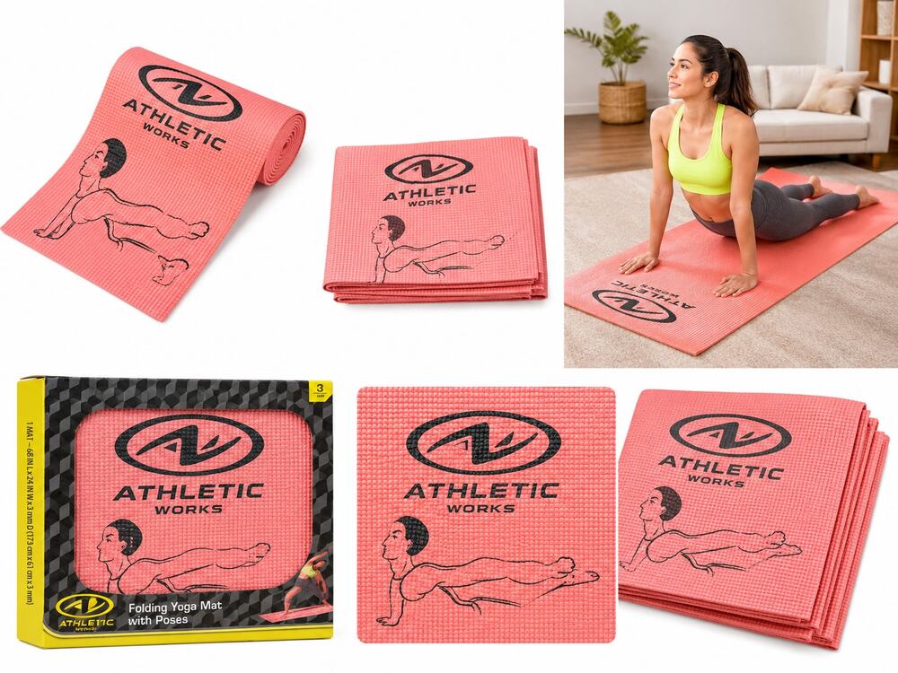 Athletic Works Folding Yoga Mat with Poses – Pink/Coral – 68" x 24" x 3mm